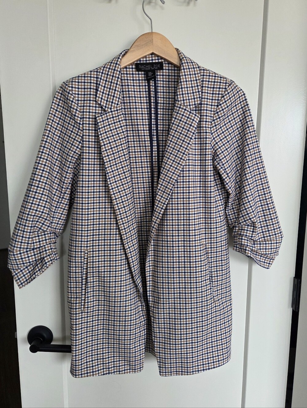 Rachel Zoe Navy and Yellow Linen Blend Gingham Coat
